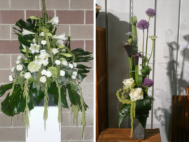 composition blanche et création avec arums ail d'ornement et rose blanches