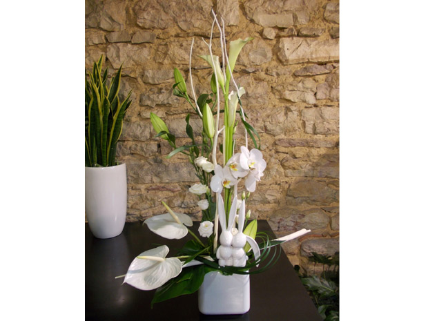 composition blanche phalaénopsis et arums